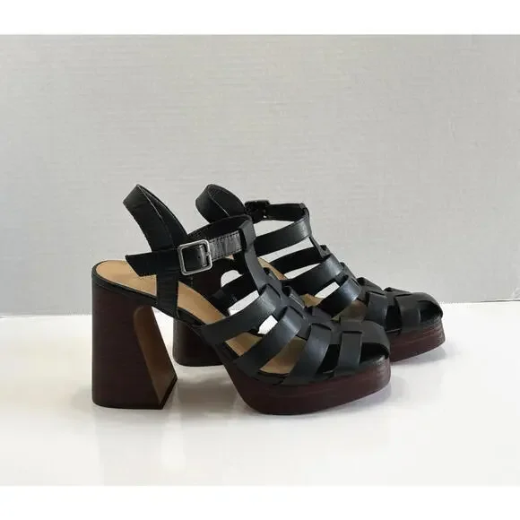 Crown Vintage Farlie Womens Size 9M Black Leather Ankle Strap Block Heel Sandals - Picture 2 of 16